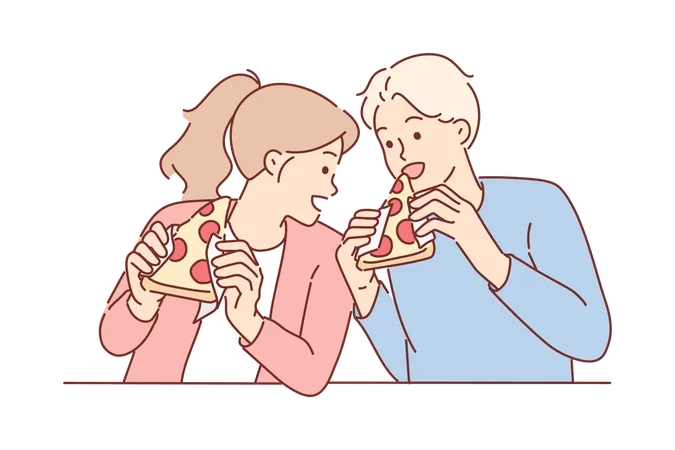 Amigos hambrientos comen pizza  Ilustración