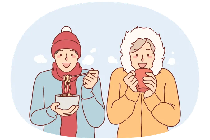 Amigos hambrientos comiendo comida bajo la nieve con ropa de invierno  Ilustración