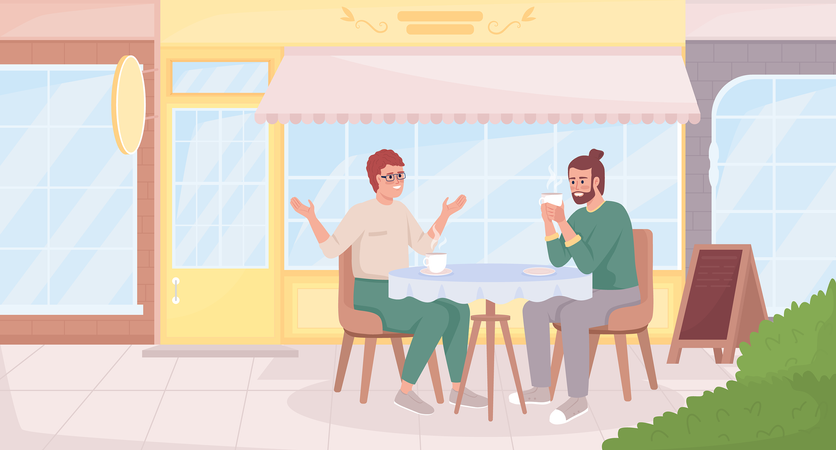 Amigos do sexo masculino discutindo as últimas notícias tomando café  Ilustração