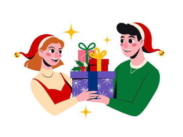 Amigos intercambiando regalos de navidad  Ilustración