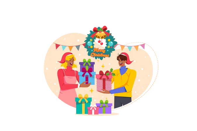 Amigos intercambiando regalos de navidad  Ilustración