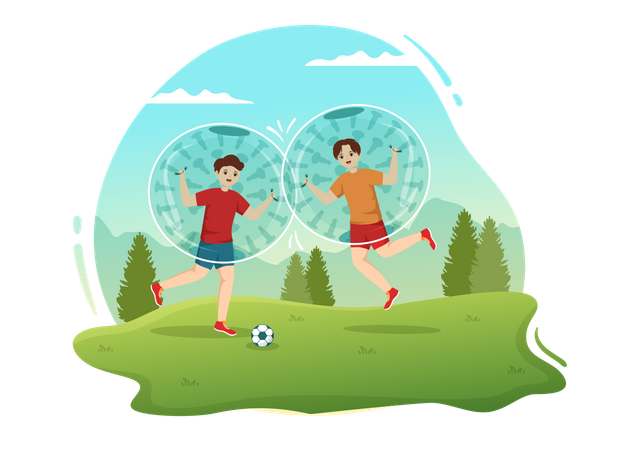 Amigos jogam futebol enquanto fazem zorb  Ilustração