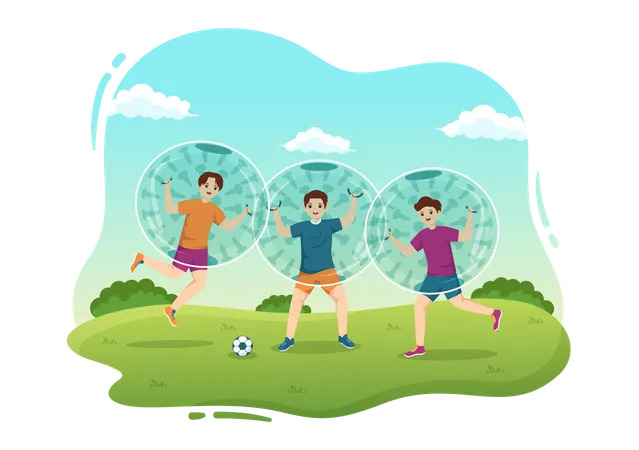 Amigos jogando futebol enquanto usavam esfera zorbing  Ilustração