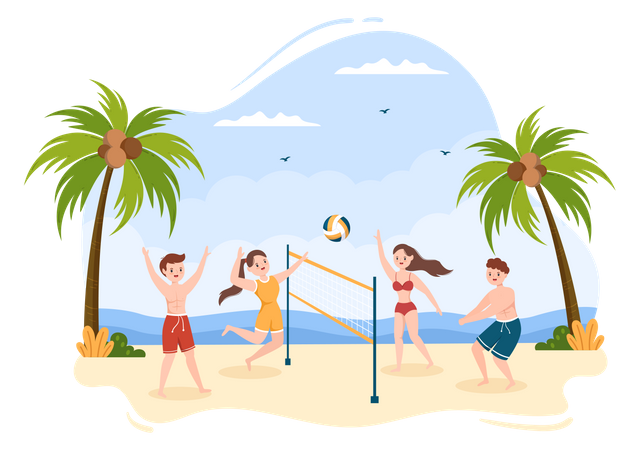Amigos jogando vôlei na praia  Ilustração