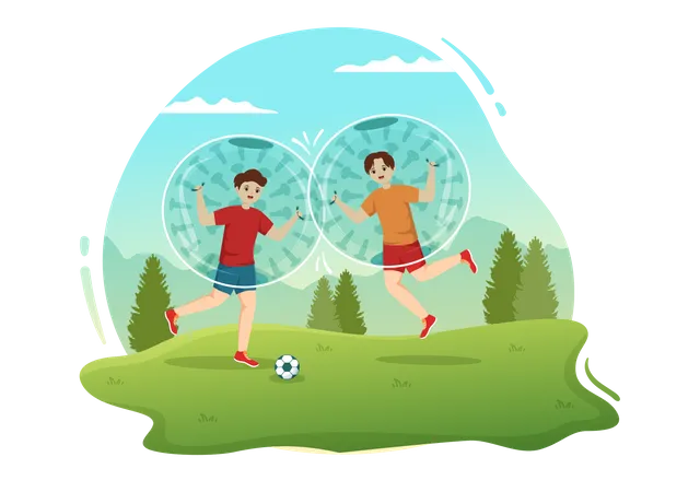 Amigos juegan al fútbol mientras zorbing  Ilustración