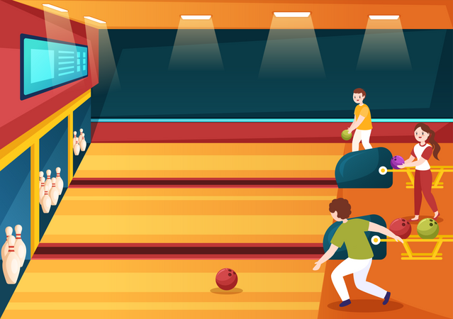 Amigos jugando al juego de bolos  Ilustración