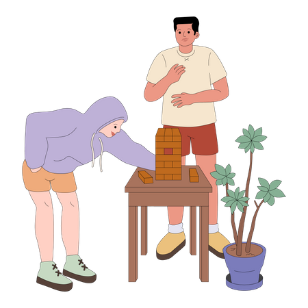 Amigos jugando al juego jenga.  Ilustración