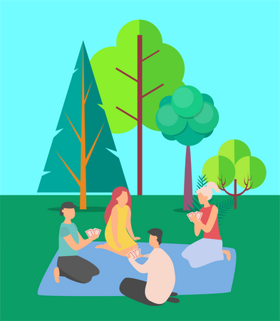 Amigos jugando a las cartas en el jardín  Ilustración