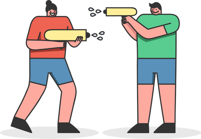 Amigos jugando con pistola de agua.  Ilustración