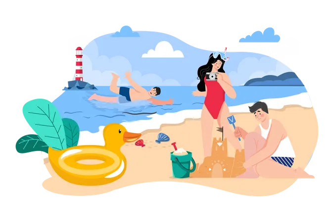 Amigos jugando en la playa.  Ilustración