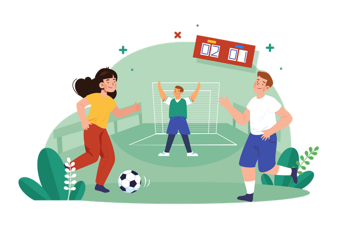 Amigos jugando futbol  Ilustración