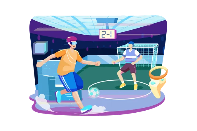 Amigos jugando fútbol usando VR  Ilustración