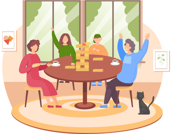 Amigos jugando jenga juntos en casa  Ilustración
