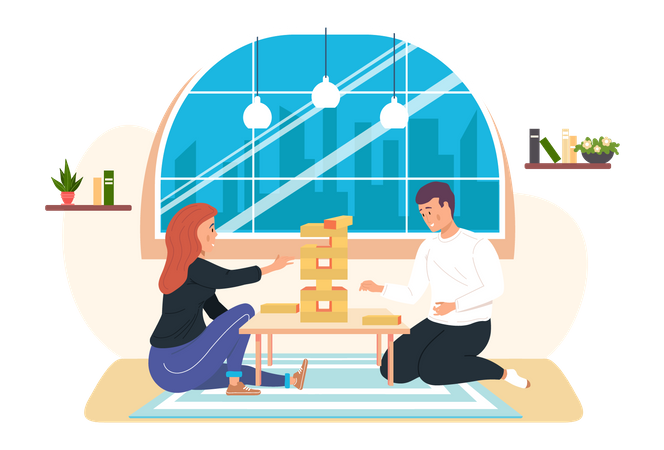 Amigos jugando Jenga juntos en casa.  Ilustración