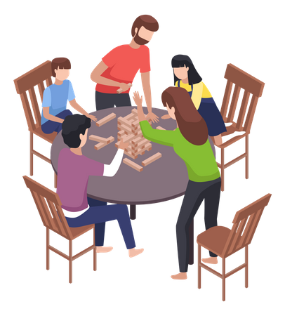 Amigos jugando jenga mientras pasan tiempo de calidad juntos.  Ilustración