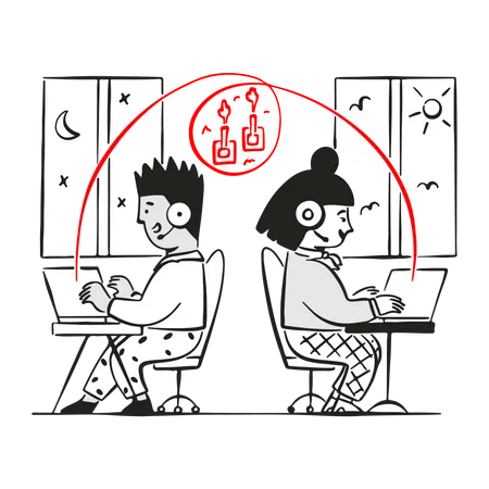 Amigos jugando juntos a juegos de computadora en línea  Ilustración