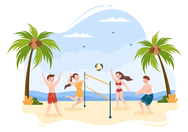 Amigos jugando voleibol en la playa  Ilustración