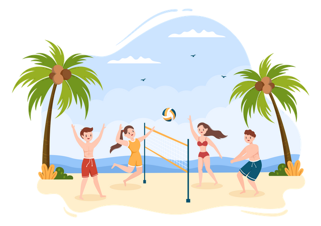 Amigos jugando voleibol en la playa  Ilustración