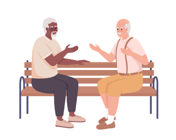 Amigos mayores conversando en un banco  Ilustración
