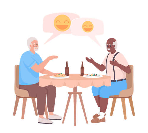 Amigos mayores riendo juntos y cenando  Ilustración