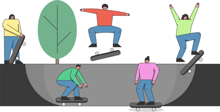 Amigos montando patineta  Ilustración