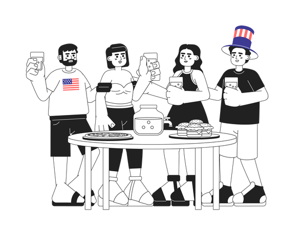 Amigos multiculturais comemorando a festa do Dia da Independência dos EUA  Ilustração
