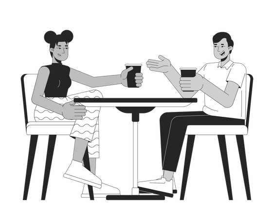 Amigos multirraciales con bebidas en la mesa del café  Ilustración