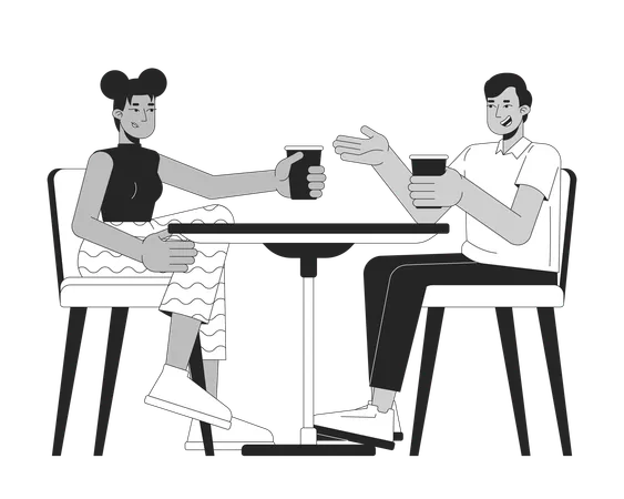 Amigos multirraciales con bebidas en la mesa del café  Illustration