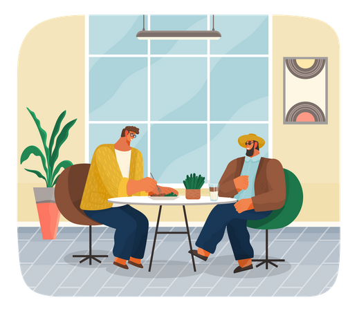 Amigos o socios de negocios sentados en una cafetería o restaurante a la mesa comiendo y bebiendo cenan  Ilustración