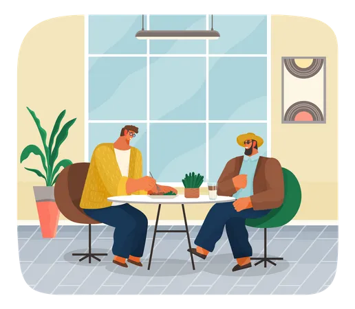 Amigos o socios de negocios sentados en una cafetería o restaurante a la mesa comiendo y bebiendo cenan  Ilustración