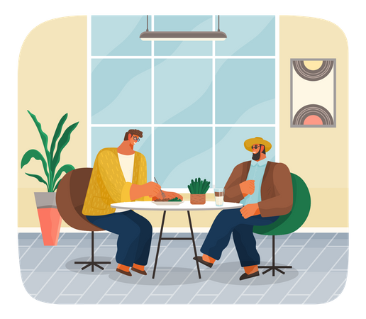 Amigos ou parceiros de negócios sentados em um café ou restaurante à mesa, comendo e bebendo, jantando  Ilustração
