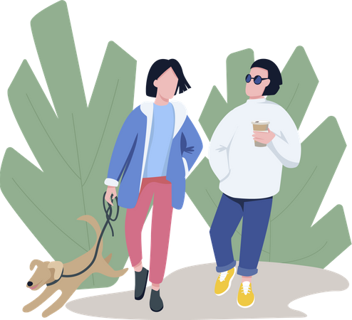 Amigos paseando con mascota  Ilustración