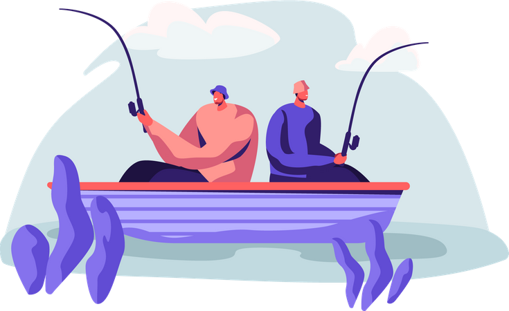 Amigos haciendo pesca en un lago tranquilo  Ilustración