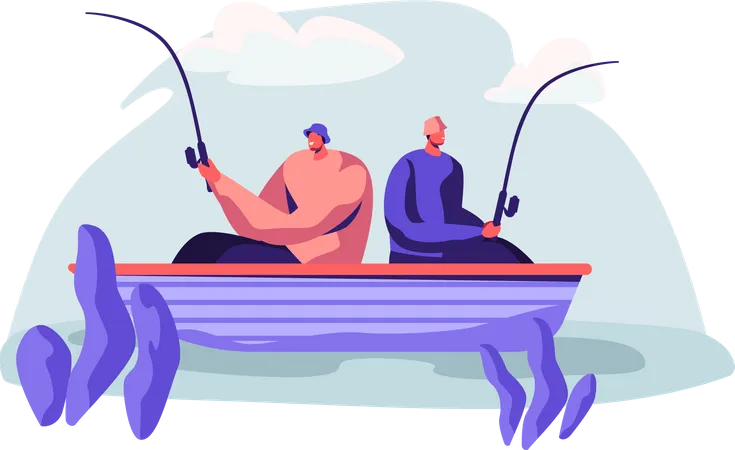 Hombres Pescando En Barco En Un Lago O Rio Tranquilo En El Dia De Verano Hobby Relajante En Verano Pescadores Sentados Con Canas Teniendo Buena Captura Los Amigos Pasan Tiempo Juntos Ilustracion De Vector Plano De Dibujos Animados Ilustración