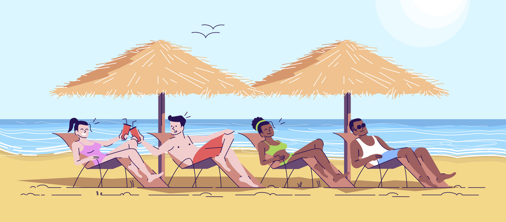 Amigos relajándose en la playa  Ilustración