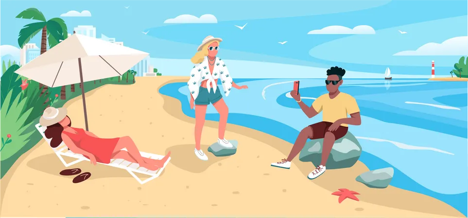 Amigos relajándose en la playa de arena  Ilustración