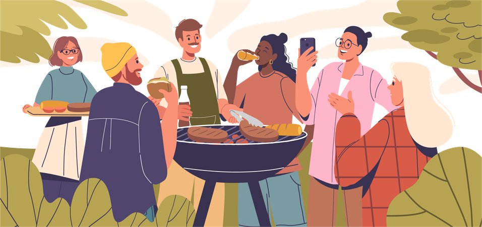 Amigos relajándose en una fiesta de barbacoa  Ilustración