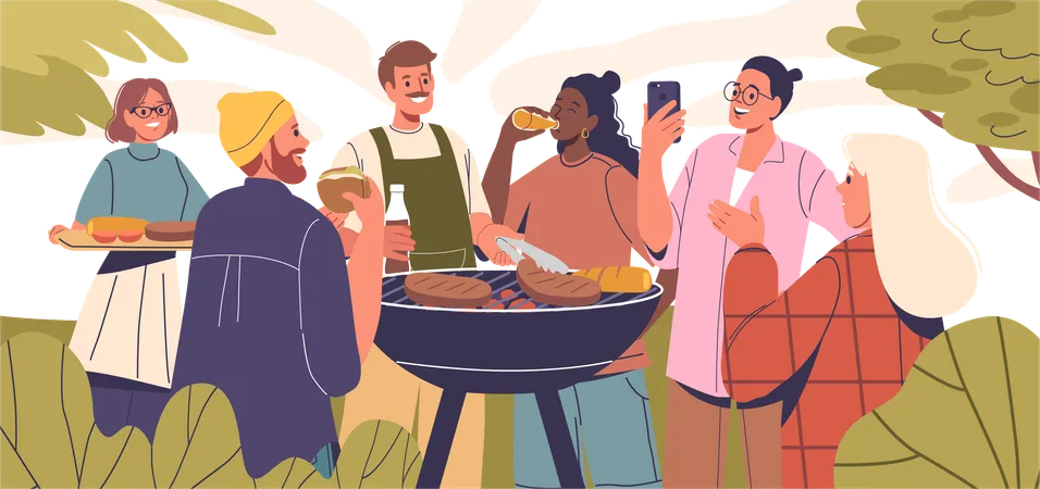 Amigos relajándose en una fiesta de barbacoa  Ilustración