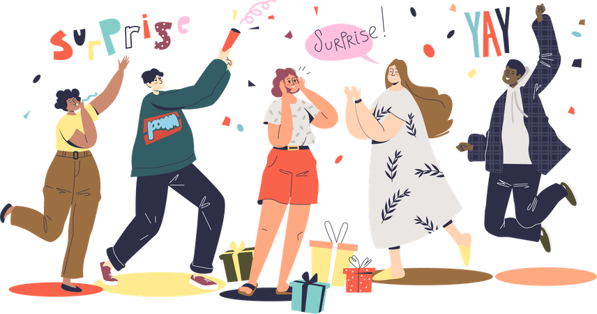 Amigos saludando a una chica con vacaciones o cumpleaños en una fiesta sorpresa  Ilustración