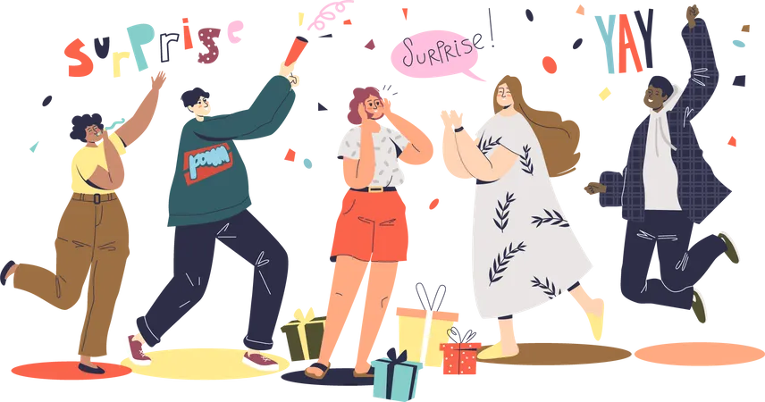 Amigos saludando a una chica con vacaciones o cumpleaños en una fiesta sorpresa  Ilustración