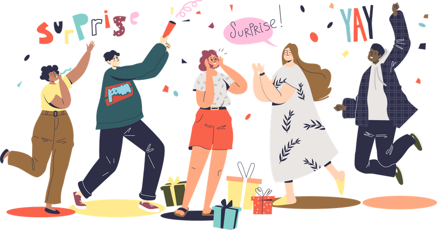 Amigos cumprimentando a garota com feriado ou aniversário na festa surpresa  Ilustração