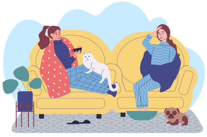 Los amigos se comunican y pasan tiempo juntos en casa.  Ilustración