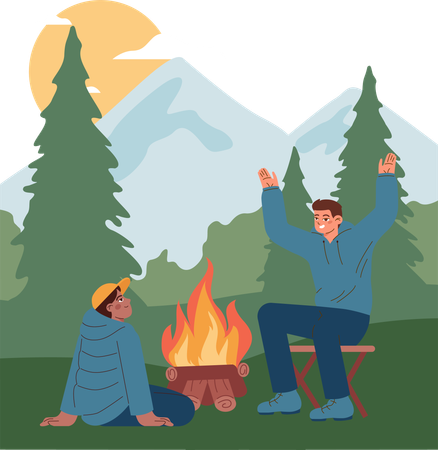 Amigos sentados cerca del fuego en el camping  Ilustración