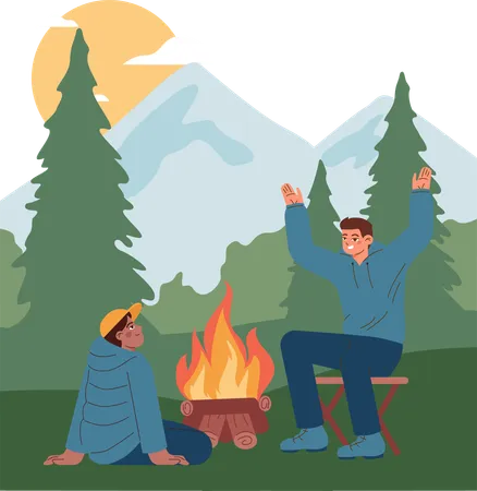 Amigos sentados cerca del fuego en el camping  Ilustración