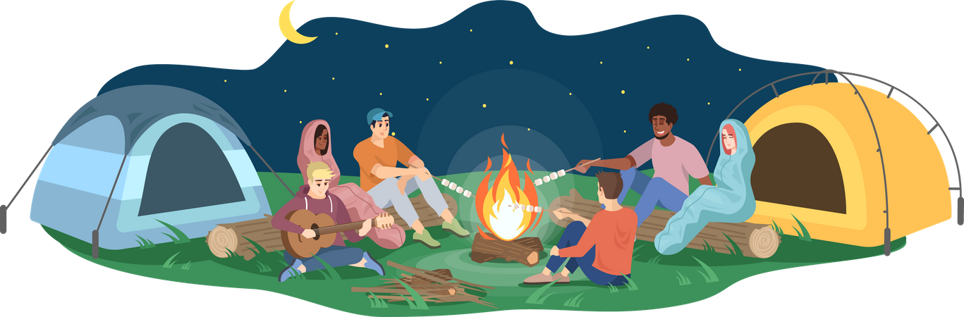 Amigos sentam perto da fogueira  Ilustração