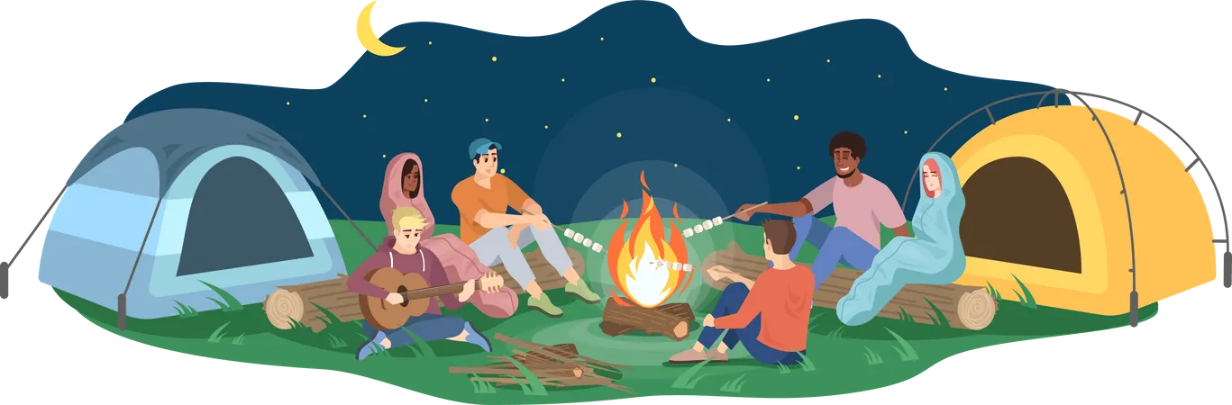 Amigos sentam perto da fogueira  Ilustração