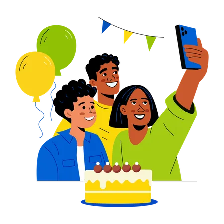 Amigos tirando selfie de aniversário  Ilustração