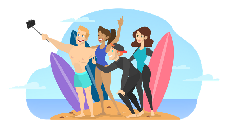 Amigos tomando selfie en la playa  Ilustración