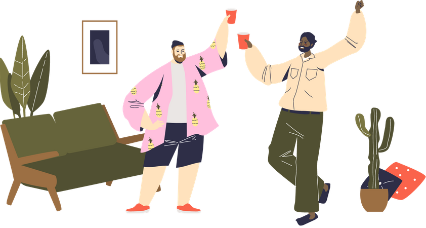 Amigos torcendo com copos de plástico durante festa em casa  Ilustração