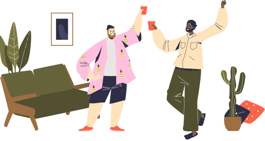 Amigos torcendo com copos de plástico durante festa em casa  Ilustração